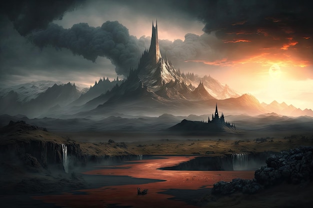 Mordor landscape with looming tower in the distance