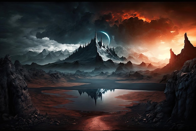 Mordor landscape with mountain range and foreboding sky