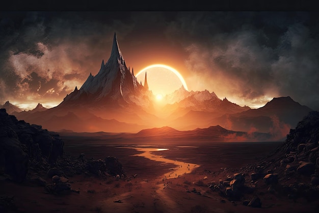 Mordor landscape with sun setting in the background creating a warm and magical atmosphere