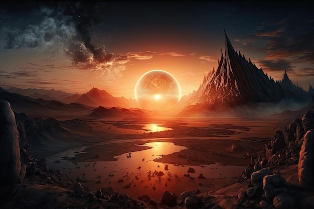 Mordor landscape with sun setting in the background creating a warm and magical atmosphere