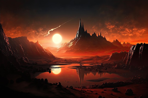 Mordor landscape with sunrise featuring warm colors and clear skies