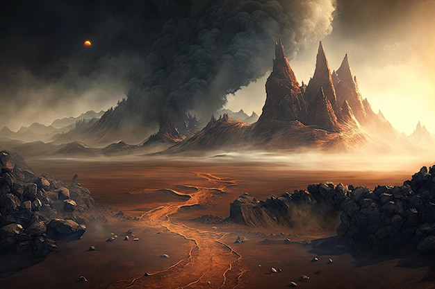 Mordor landscape with volcanic rock formations steam rising from vents