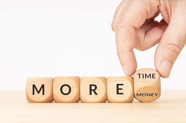 More time or more money decision concept Text on wooden blocks and Hand turning a cube block