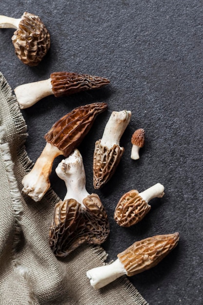 Morel mushrooms closeup on black background