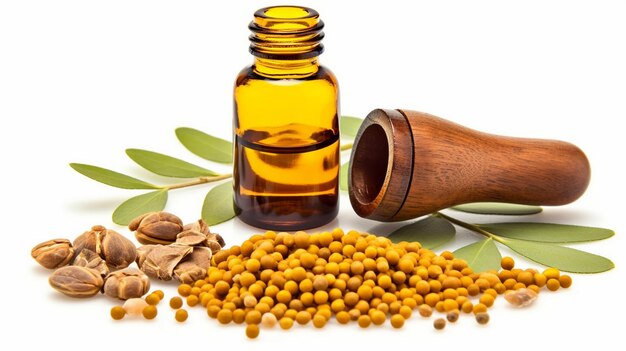 moringa essential oil in amber bottle with dried seed