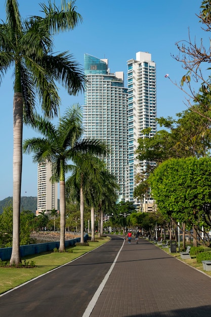 Morning beside Balboa avenue or Cinta Costera bayside road Panama Central America