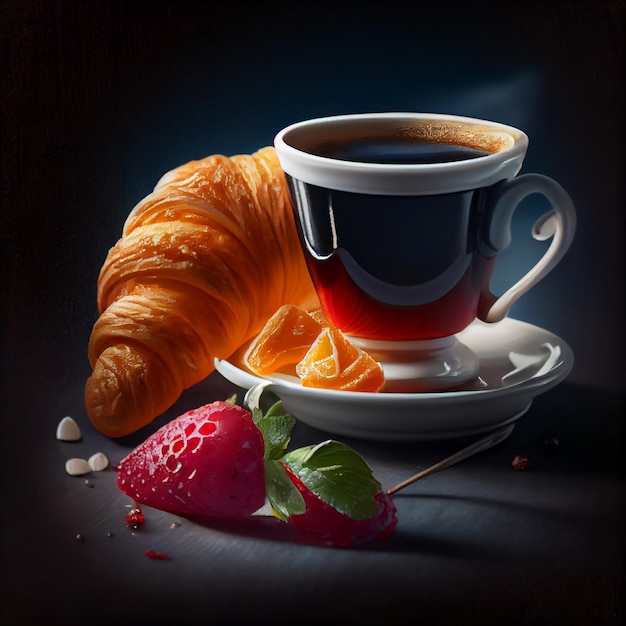 Morning Black Espresso Coffee with Croissant and Jam Generative AI