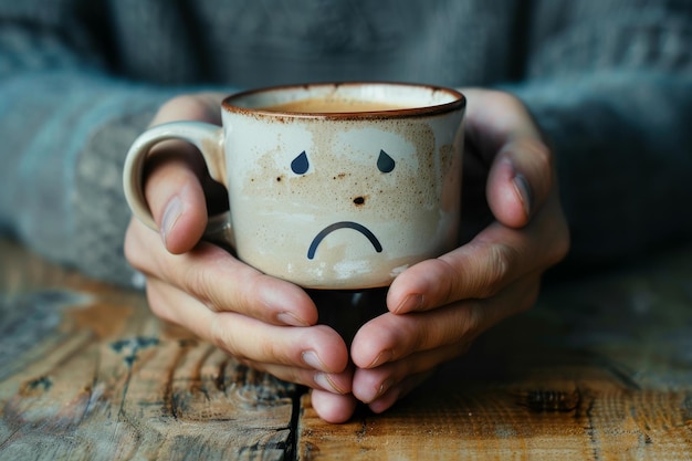 Morning blues hands holding sad face coffee cup depicting the gloomy morning concept