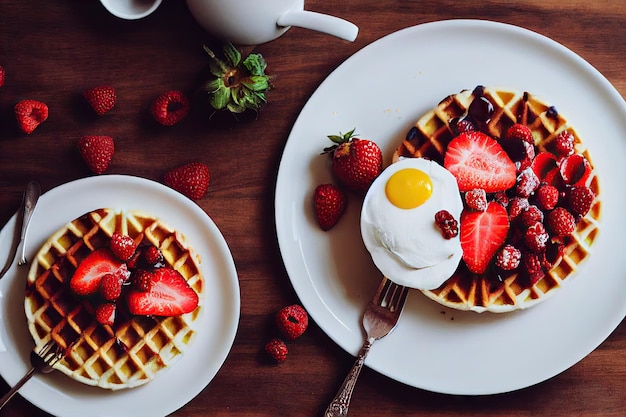 Morning breakfast Belgian waffles with berries in plate on table made of wood