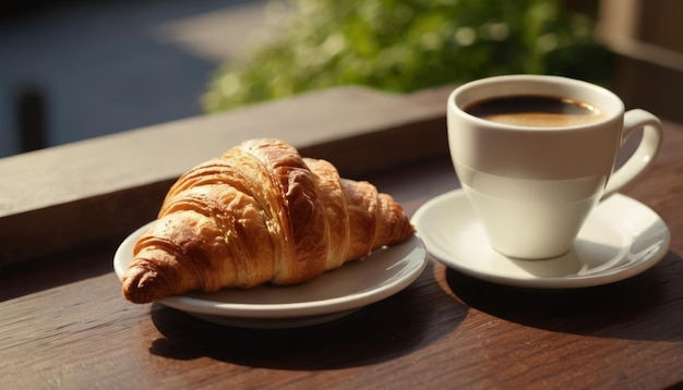 Morning breakfast Croissant and coffee on the table