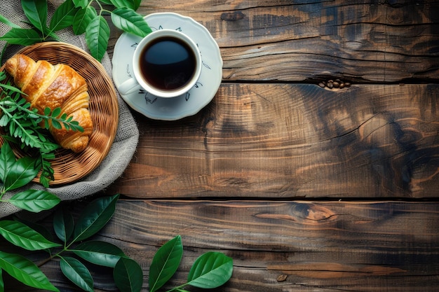 Morning breakfast with coffee eco cup croissant and rustic vibe on wooden table Top view