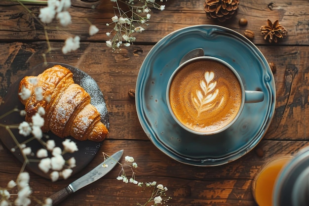 Morning breakfast with coffee eco cup croissant and rustic vibe on wooden table Top view