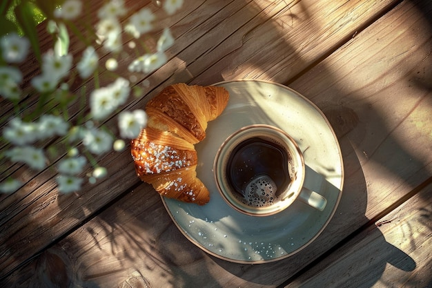 Morning breakfast with coffee eco cup croissant and rustic vibe on wooden table Top view