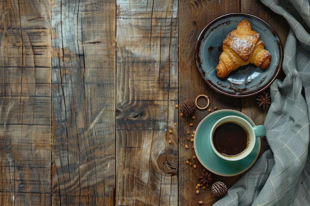 Morning breakfast with coffee eco cup croissant and rustic vibe on wooden table Top view