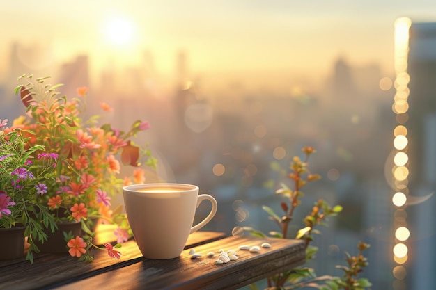 Morning Coffee on Balcony A Cozy Coffee Moment with Sunrise and City View for a Perfect