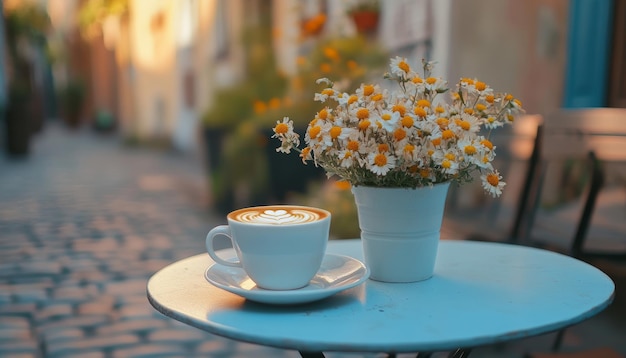 Photo morning coffee cup on table surrounded by flowers in the narrow streets of an old city