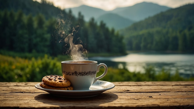 Photo morning coffee cup on wooden table by lake generated by ai