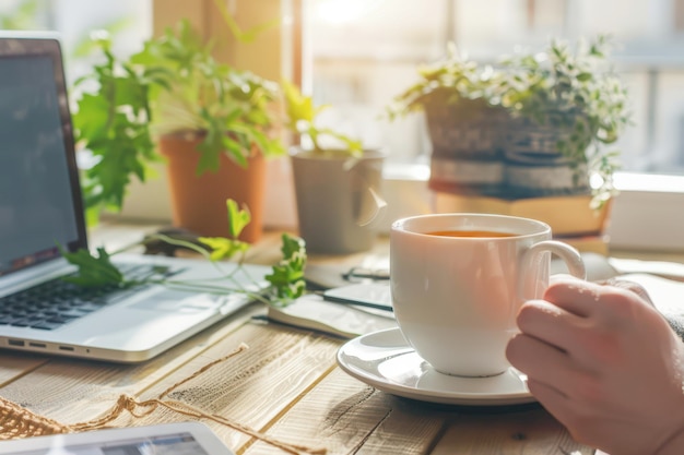 Morning Coffee Enjoyment at a Cozy Desk Surrounded by Green Plants