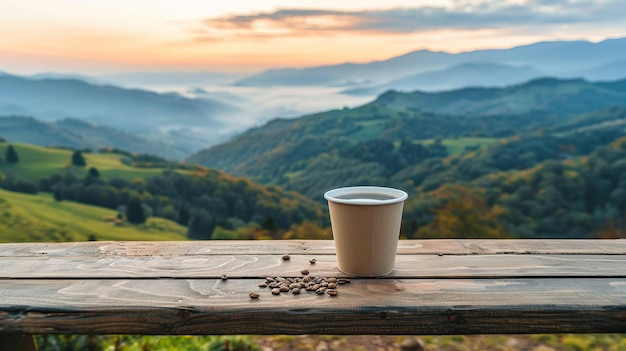 Photo morning coffee enjoyment paper cup on wooden table with scenic mountain view and coffee beans