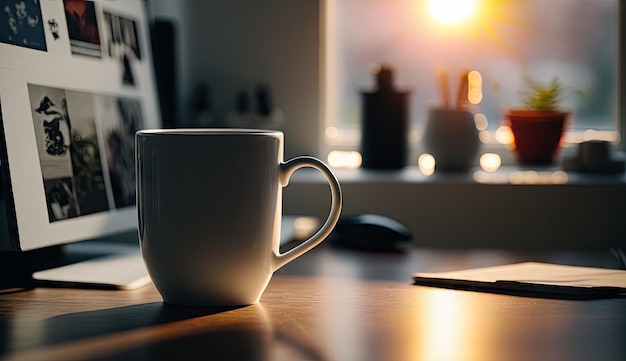 Morning Coffee in modern cup on marble table with flowers in spring season Generative AI