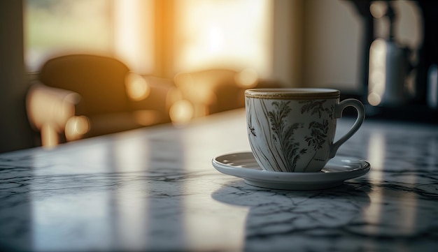 Morning Coffee in modern cup on marble table with flowers in spring season sunlight Generative AI