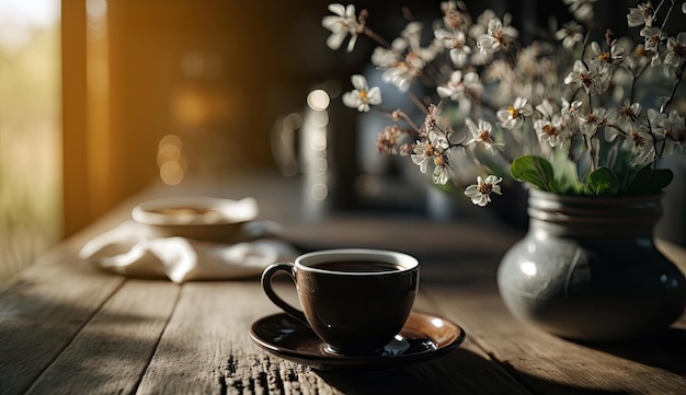 Morning Coffee in modern cup on marble table with flowers in spring season sunlight Generative AI