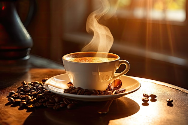 Morning coffee on a mug with beans