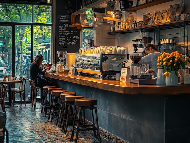 Morning Coffee Ritual at a Busy Cafe Counter