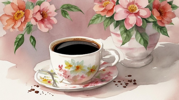 morning coffee with coffee beans amp watercolor Floral Background