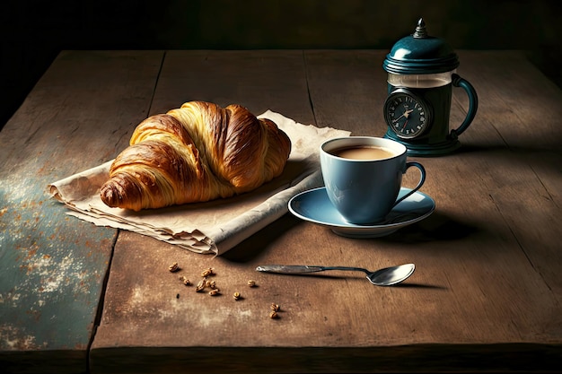 Morning coffee with croissant on table