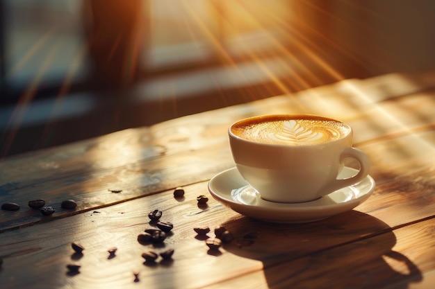 Morning coffee with latte art and coffee beans on a wooden table bathed in sunlight creating a captivating image with ample copy space