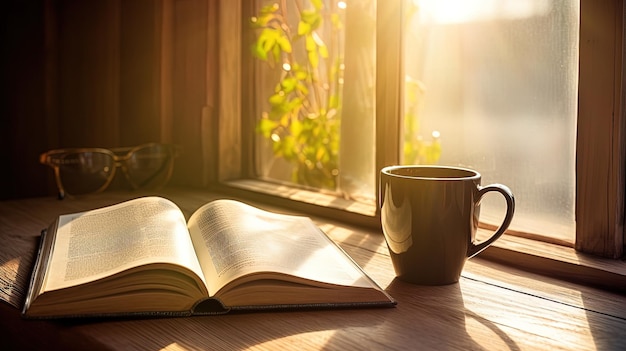 Morning coffee with an open book and sunlight streaming through the window generated by AI