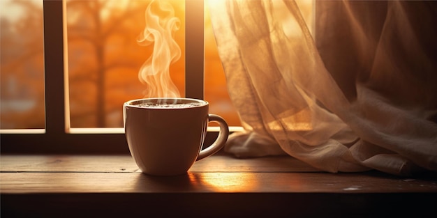 morning coffee with sunrise background