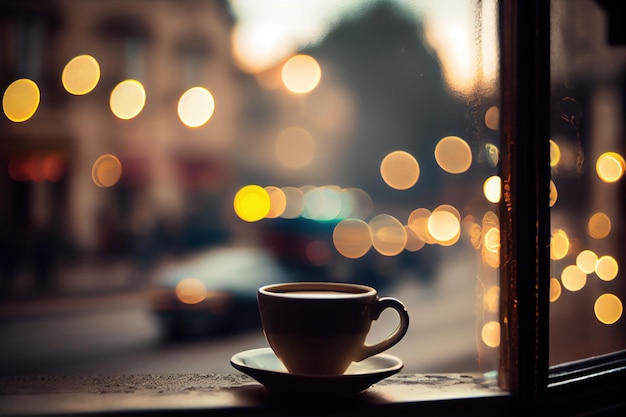 Morning cup of Coffee and Bokeh Light in a Cozy Cafe from a window Generative AI