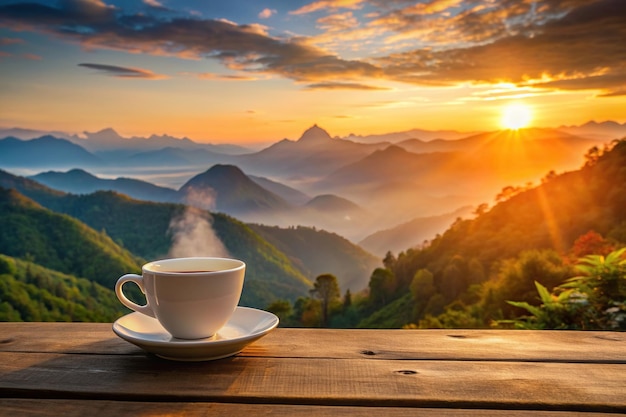 Morning cup of coffee with a breathtaking mountain background at sunrise drink