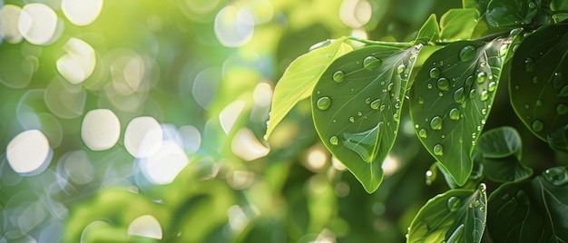 Morning dew adorns the vibrant green leaves basking in the soft sunlight