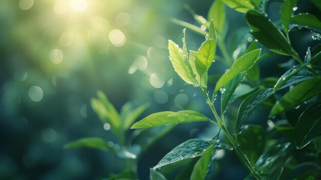 Morning dew clings to the fresh green leaves of a plant illuminated by the gentle sunlight