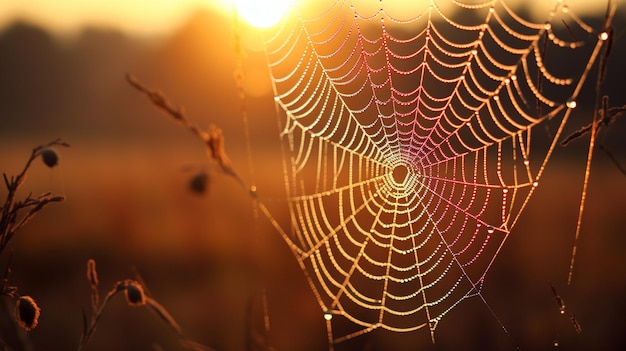 morning dew drops on a web of a spider web close up