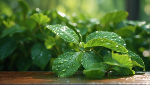 Morning Dew Glistening on Green Leaves Arranged on a Wooden Table in Bright Daylight