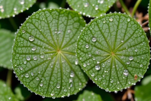 Morning dew glistens on fresh green leaves in a spring garden captured in a closeup macro shot