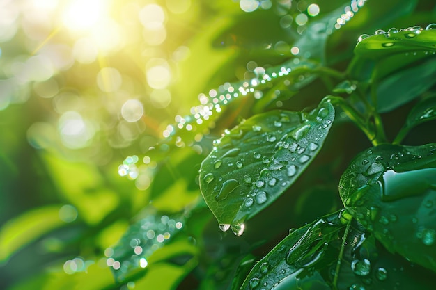 Morning dew on leaves in nature green tones background