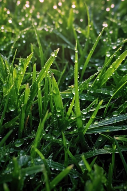 Morning dew on vibrant green grass closeup created with generative ai