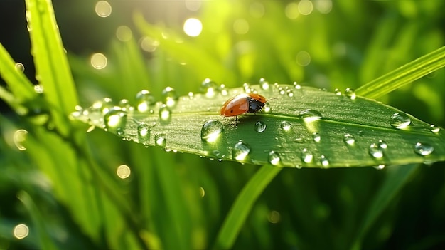 The morning dewdrops and the ladybug on fresh young green leaves glisten under the sunlight