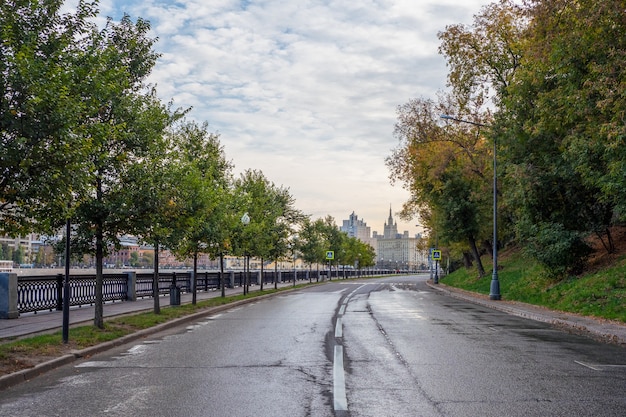 Morning empty curve embankment in Moscow.