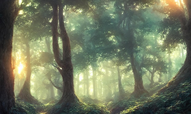 Morning in the fairy forest The sun illuminates the foliage and tree trunks Morning haze fog 3d illustration