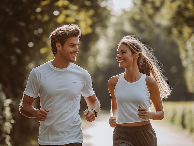 Photo morning fitness couple jogging in a scenic park