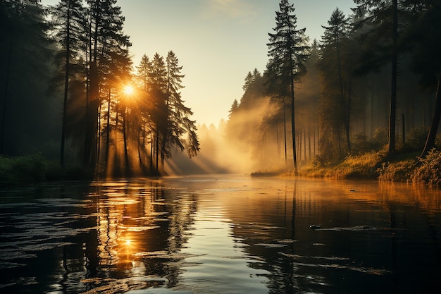 Morning Fog Over a Beautiful PineLined Lake