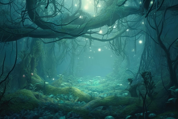 Morning foggy magical enchanted forest generative ai