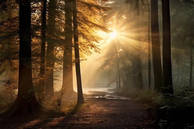 Morning in the forest Sun rays in the forest