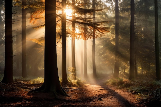 Morning in the forest Sun rays in the forest